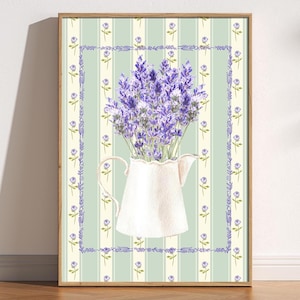 Lavendelkrug Wandkunst, Charmanter Cottagecore Küchendruck, Vintage Blumenplakat, Rustikales französisches Landdekor, Botanische Krugillustration