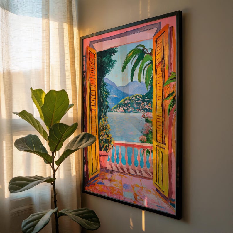 A Fauvist style painting inspired by Matisse, featuring a open patio doors overlooking a vibrant Italian landscape and Lake Como. The scene bursts with beautiful blue and pink tones: trees, mountains in the distance and the shimmering blue of the lake under a clear blue sky. The view captures the idyllic charm of summer by the water, with pots of flowers on the terrace and palm trees.
