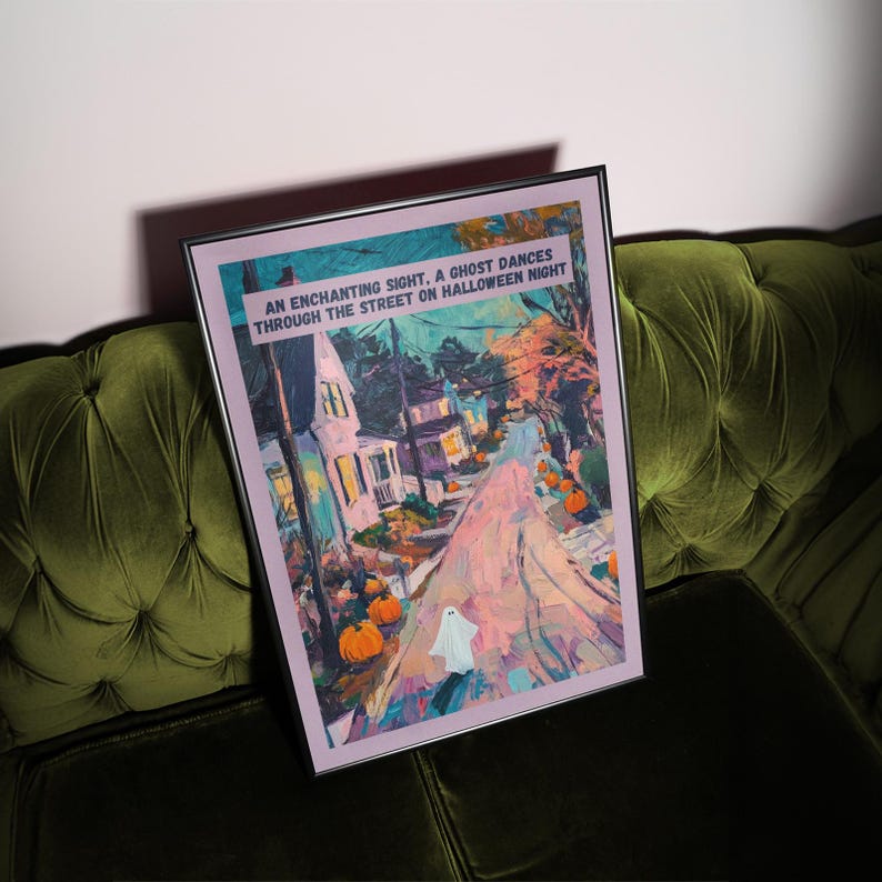 Add a touch of magic to your space with this enchanting Halloween/autumnal print! Perfectly blending the mystical with the cute, this art piece features a delightful ghost dancing along a charming suburban street on a crisp Halloween night
