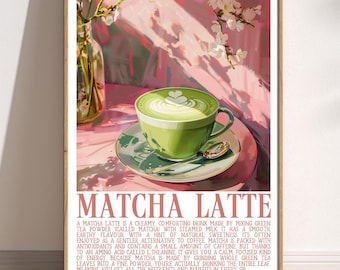 Stampa artistica Matcha Latte, decorazione murale con tè verde, poster con atmosfera da caffè rilassante, stampa estetica Matcha per la cucina, arte murale retrò e stravagante per il benessere.