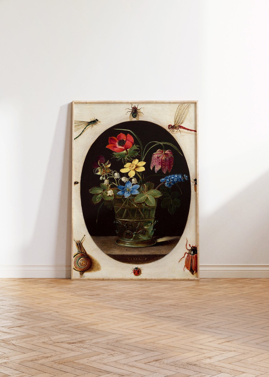 Vintage Still Life Flowers and Insects Print - Flowers in Vase Poster ...
