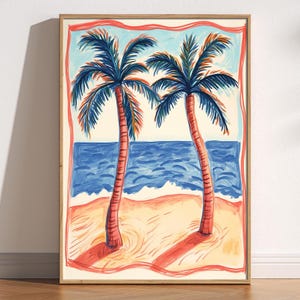 Tropischer Palmen-Stranddruck, bunte Sommer-Wandkunst, Retro Küstenplakat, handgemaltes Ozean-Dekor, Urlaubs-Vibes-Illustration