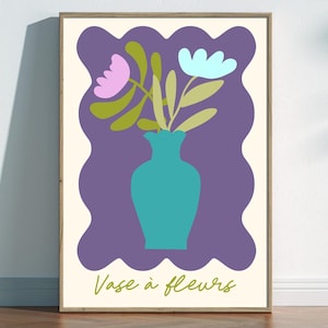 Póster floral estilo Matisse, impresión de jarrón de flores, arte mural francés, arte floral en jarrón azul, impresión botánica moderna, decoración abstracta colorida