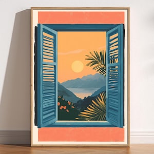 Impresión de Henri Matisse: Ventana abierta, pintura fauvista al estilo de Henri Matisse, exposición moderna, contraventanas, vista de árboles al atardecer en la montaña