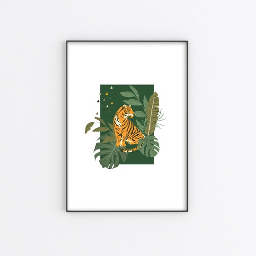 Jungle Tiger Print - 8 Colour options, Tropical Tiger, Jungle Cats, Animal Poster, Botanical Leaves, Wild animal wall art, Home print