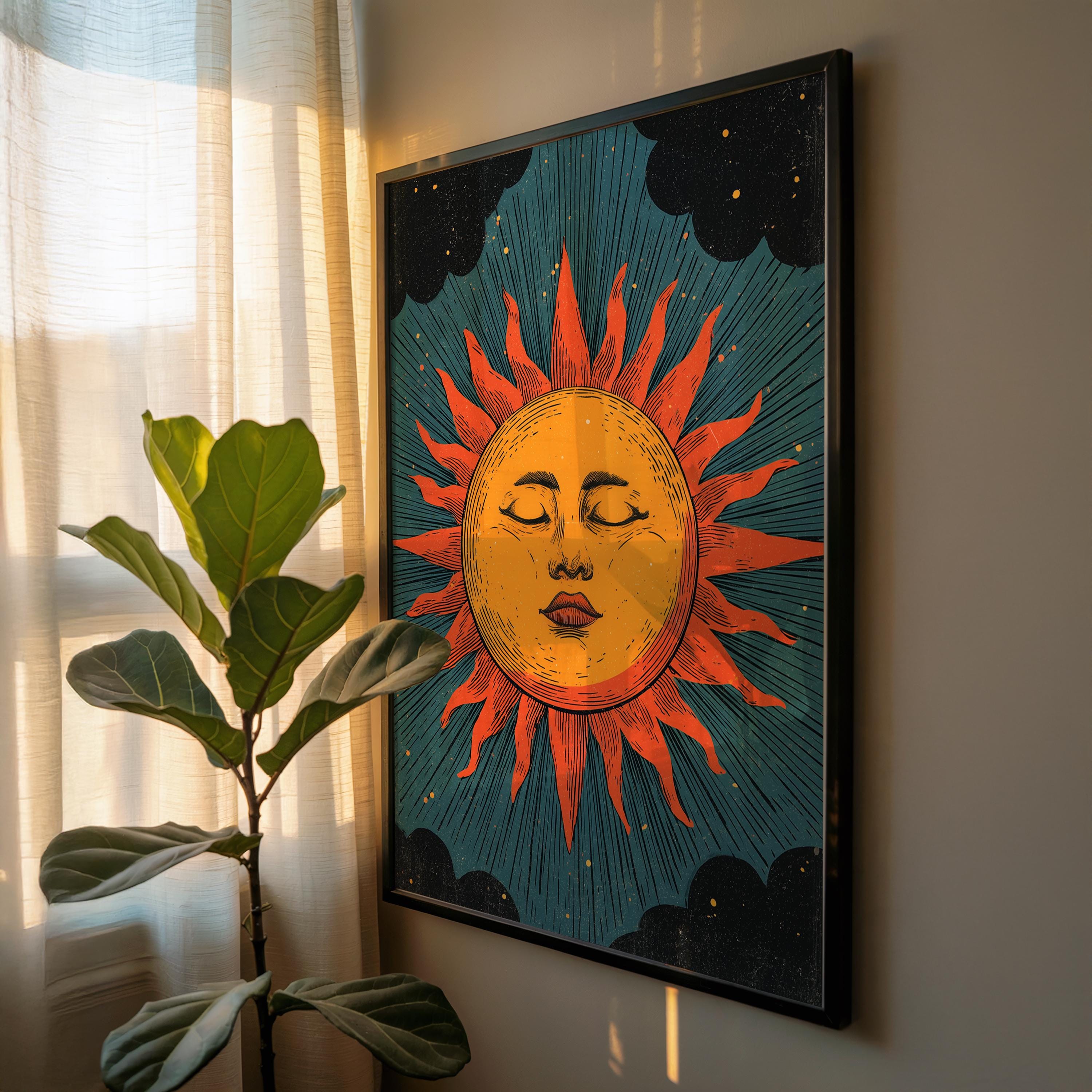 90s Celestial Sunshine Vintage Style Print, Retro Mid Century