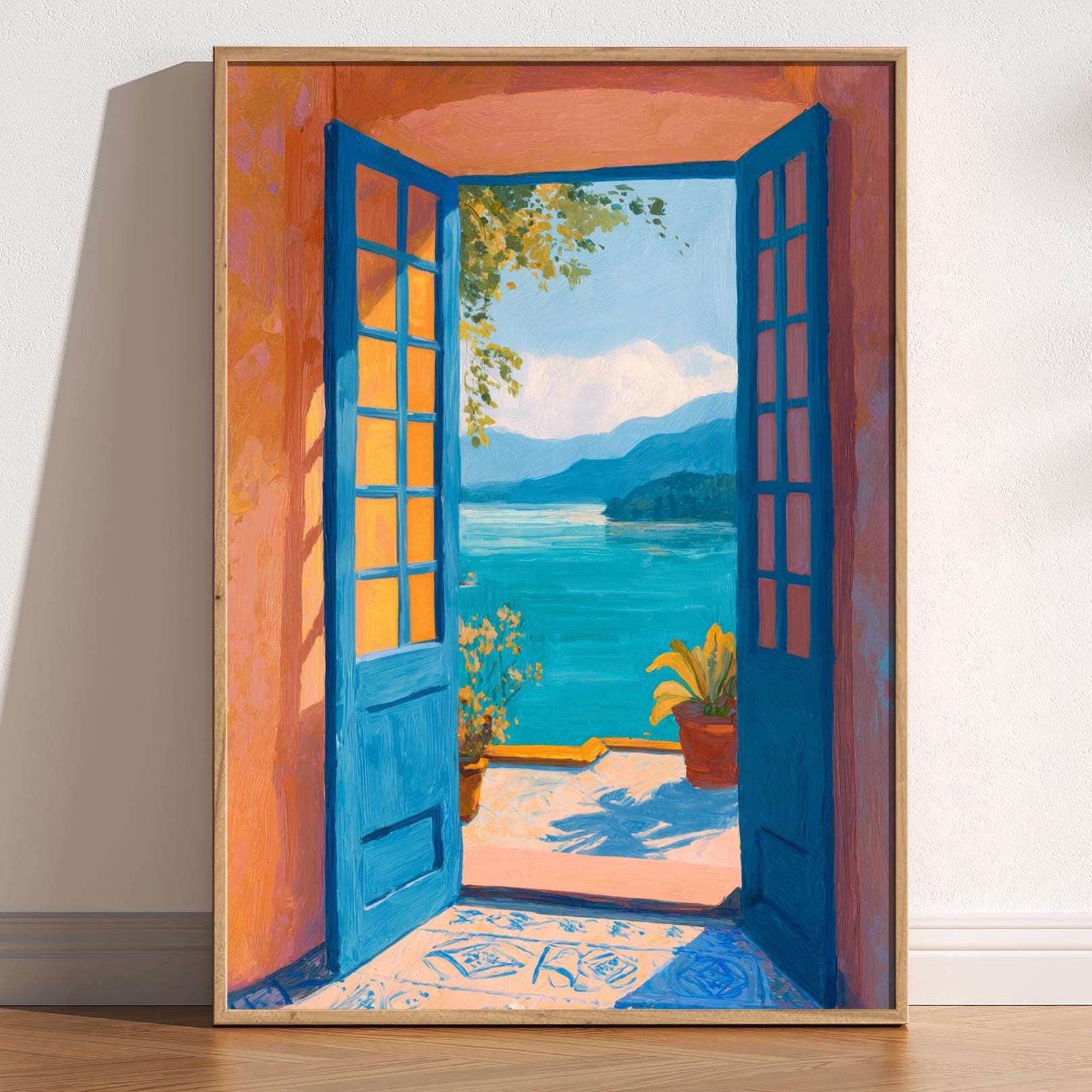 Matisse Open Window Art Print, Matisse Inspired Fauvist Coastal Wall Decor, Dreamy Lake View Painting, Blue Door Poster, Mediterranean Vibes