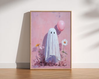 Süßer Geist Wand-Kunstdruck, Pastell-Halloween-Dekor, rosa Ölgemälde Geist Poster, Cottagecore Daisy Art, gruselige Girly-Ästhetik