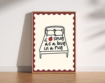 Snug As A Bug Art Print Poster, Trendy Retro Mid Century Bedroom Poster, Fun Aesthetic, Kids Nursery Bedroom, Cosy Whimsical, Cute Ladybird