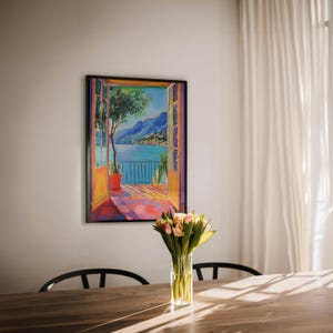 A Fauvist style painting inspired by Matisse, featuring a open patio doors overlooking a vibrant Italian landscape and Lake Como. The scene bursts with bold colours: lush green foliage, mountains in the distance and the shimmering blue of the lake