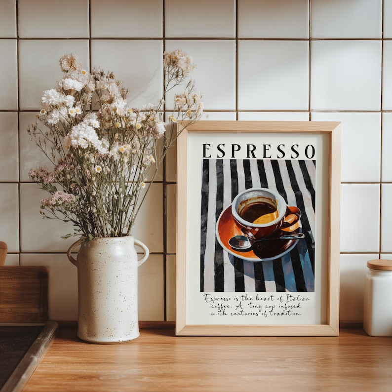 Bring the warmth of Italy into your home with this espresso wall art print. Featuring a rich and vibrant painting of a classic espresso cup, this artwork captures the heart of Italian coffee culture. Perfect for kitchens, dining rooms, cafés, or as a thoughtful gift for any coffee lover, this piece adds a stylish Mediterranean touch to your walls.