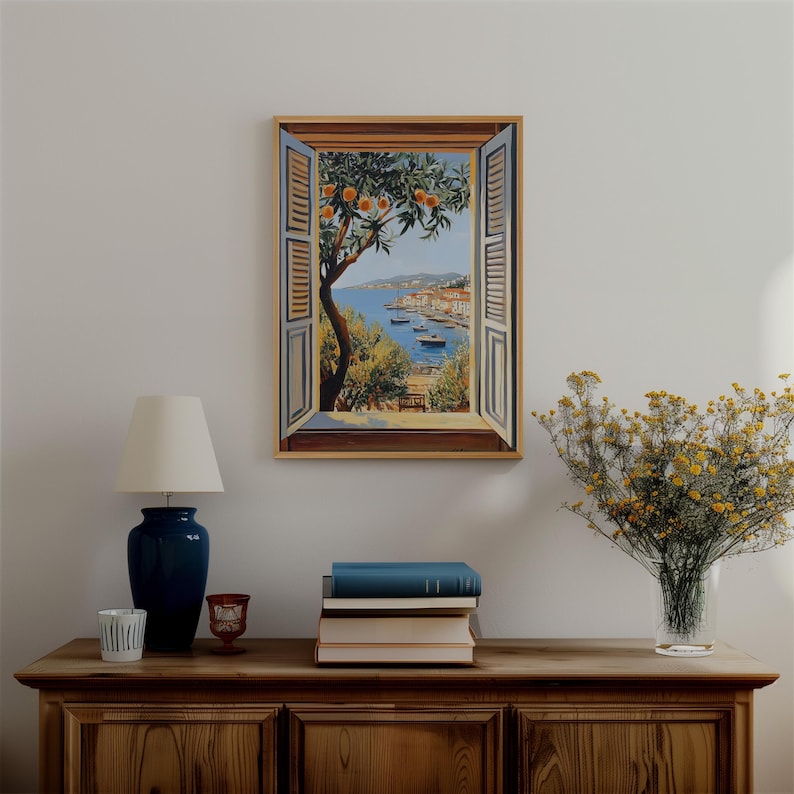 Add a touch of Mediterranean charm to your home with this vibrant Fauvism-style painting inspired by Henri Matisse. The scene features an open window overlooking the ocean, with a picturesque coastal view, including a little coastal village.
