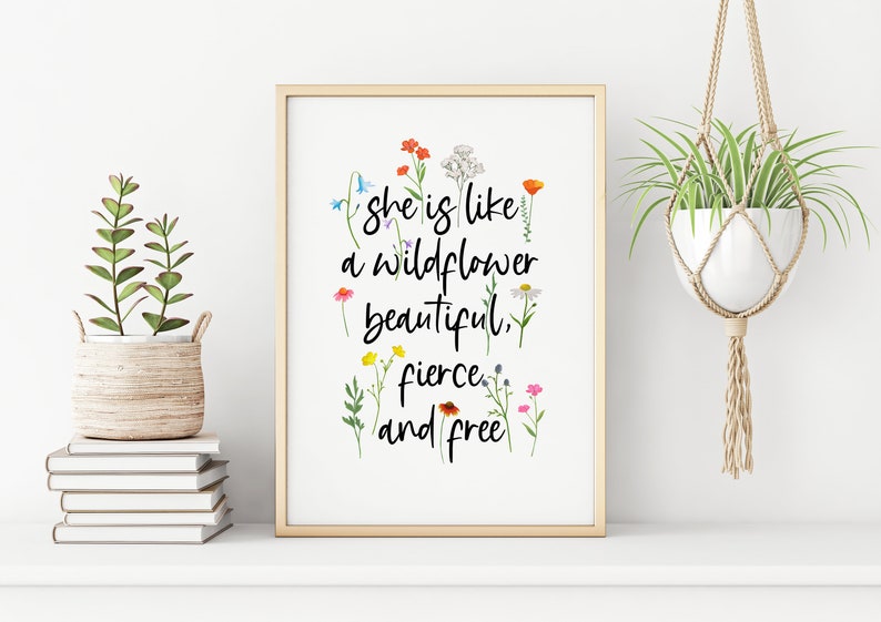 Wildflower Typography Print She is like a wildflower beautiful fierce and free, pretty flower quote, nature print, floral decor, feminine image 1