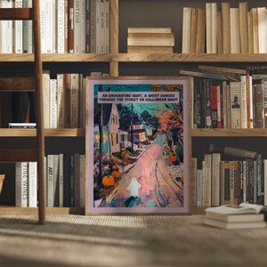 Add a touch of magic to your space with this enchanting Halloween/autumnal print! Perfectly blending the mystical with the cute, this art piece features a delightful ghost dancing along a charming suburban street on a crisp Halloween night