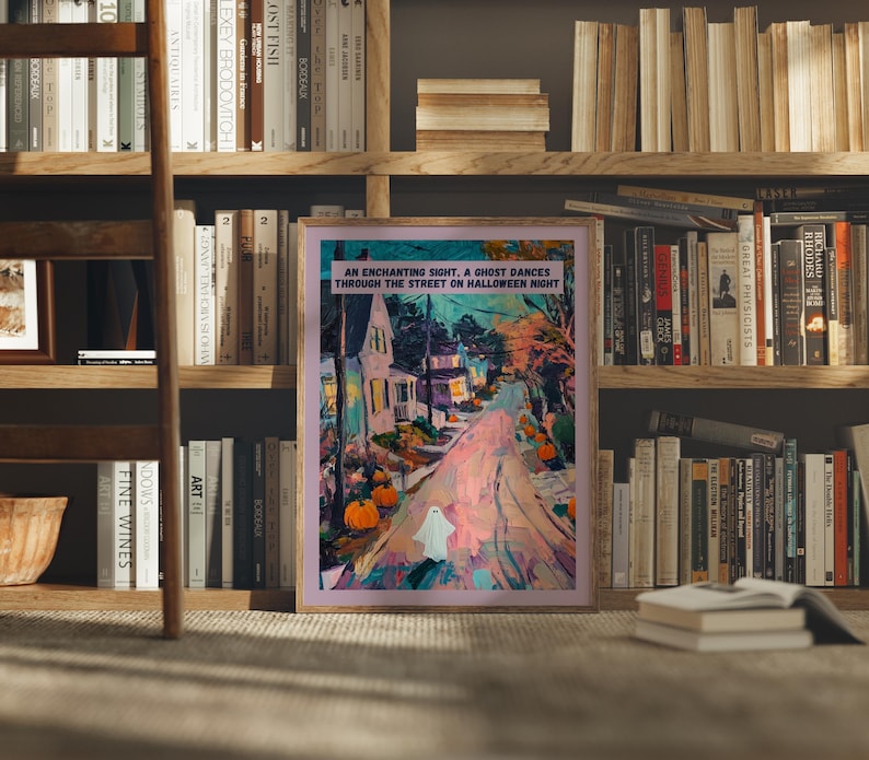 Add a touch of magic to your space with this enchanting Halloween/autumnal print! Perfectly blending the mystical with the cute, this art piece features a delightful ghost dancing along a charming suburban street on a crisp Halloween night