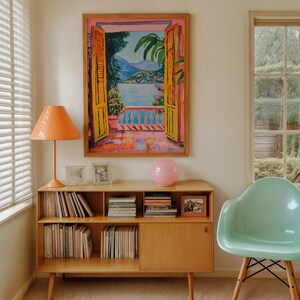 A Fauvist style painting inspired by Matisse, featuring a open patio doors overlooking a vibrant Italian landscape and Lake Como. The scene bursts with beautiful blue and pink tones: trees, mountains in the distance and the shimmering blue of the lake under a clear blue sky. The view captures the idyllic charm of summer by the water, with pots of flowers on the terrace and palm trees.