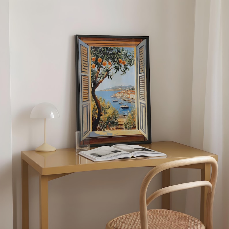 Add a touch of Mediterranean charm to your home with this vibrant Fauvism-style painting inspired by Henri Matisse. The scene features an open window overlooking the ocean, with a picturesque coastal view, including a little coastal village.