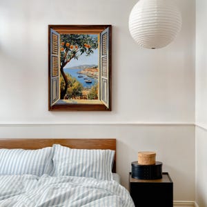 Add a touch of Mediterranean charm to your home with this vibrant Fauvism-style painting inspired by Henri Matisse. The scene features an open window overlooking the ocean, with a picturesque coastal view, including a little coastal village.