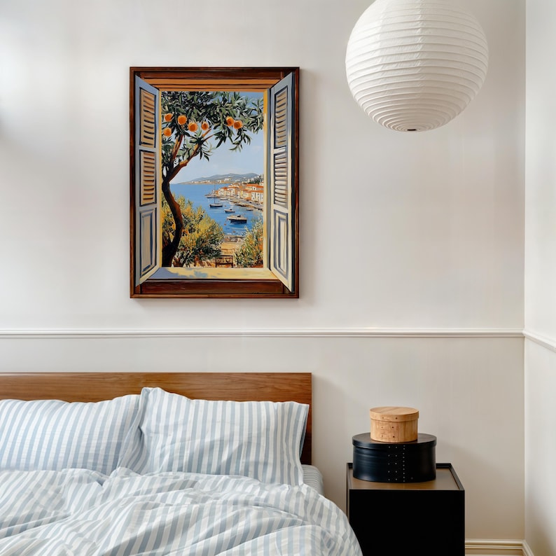 Add a touch of Mediterranean charm to your home with this vibrant Fauvism-style painting inspired by Henri Matisse. The scene features an open window overlooking the ocean, with a picturesque coastal view, including a little coastal village.