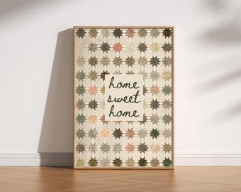 Arte mural de patchwork, lámina "Hogar dulce hogar", arte acogedor de patchwork con estrellas vintage, decoración de cocina estilo cottagecore, arte rústico neutro.