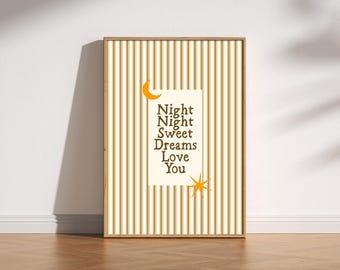 Retro Good Night Love You Print, Mitte des Jahrhunderts moderne Vintage Streifen Kunst, Schlafzimmer Dekor, ästhetische Typografie Poster, wunderliche himmlische Kunst