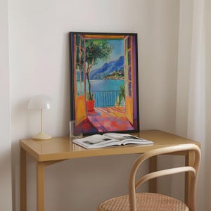 A Fauvist style painting inspired by Matisse, featuring a open patio doors overlooking a vibrant Italian landscape and Lake Como. The scene bursts with bold colours: lush green foliage, mountains in the distance and the shimmering blue of the lake