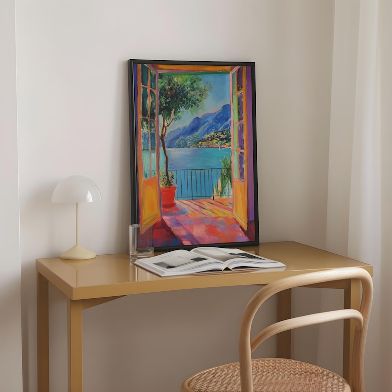 A Fauvist style painting inspired by Matisse, featuring a open patio doors overlooking a vibrant Italian landscape and Lake Como. The scene bursts with bold colours: lush green foliage, mountains in the distance and the shimmering blue of the lake
