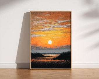 Mid Century Sunset Wall Art, Retro Oil Pastel Landscape Scene Print, Warm Orange Sunset Poster, Vintage Inspired Mid Century Modern Art