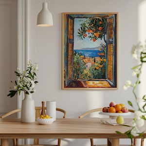 Add Mediterranean charm to your home with this vibrant Fauvism-style painting inspired by Henri Matisse. It features an open window overlooking the ocean, with a picturesque coastal view, including a little coastal village. Lush orange trees, the sea