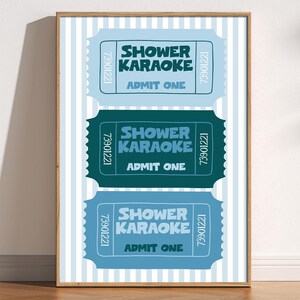 Shower Karaoke Ticket Print, Funny Bathroom Art, Cute Trendy Retro Art, En Suite Print, Singing, Blue Stripy Art, Aesthetic Bathroom Poster