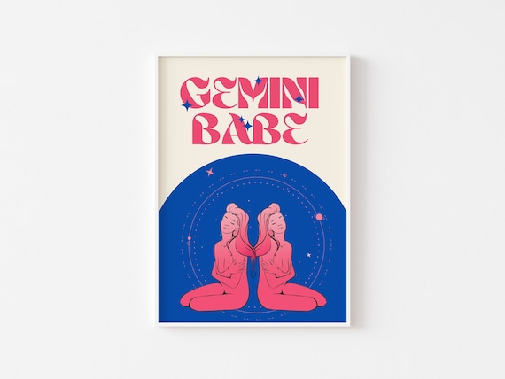 GEMINI Star Sign Print - Gemini Babe, Zodiac Art, Colourful Astrology Poster, Retro Star Sign, Bright Bold Pastel, Y2K 90's, Funky Groovy