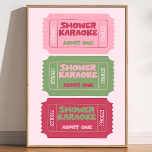 Karaoke Dusche Ticket Druck, lustige Badezimmer Kunst, niedliche trendige Retro Kunst, Druck mit eigenem Bad, Gesang, rosa grünes Dekor, ästhetisches Badezimmer Poster