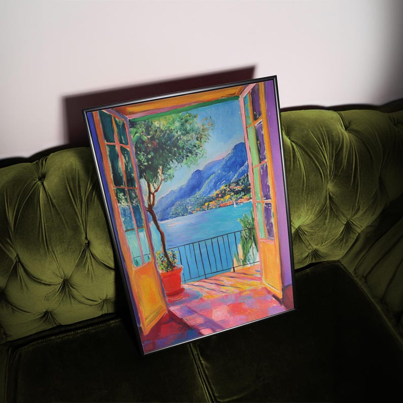 A Fauvist style painting inspired by Matisse, featuring a open patio doors overlooking a vibrant Italian landscape and Lake Como. The scene bursts with bold colours: lush green foliage, mountains in the distance and the shimmering blue of the lake