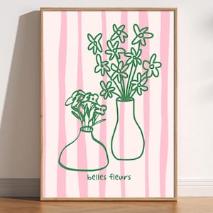 Impresión de Belles Fleurs, arte mural de rayas rosas, póster de flores dibujadas a mano, decoración estética y moderna, decoración minimalista y artística de estilo cottagecore.