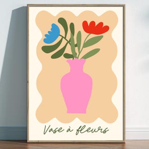 Póster floral estilo Matisse, impresión de jarrón de flores, arte mural francés, arte floral en jarrón rosa, impresión botánica moderna, decoración abstracta colorida