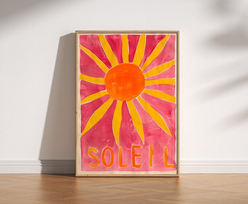 This soleil poster bursts with vibrant energy and retro charm, perfect for evoking a trendy summer vibe in bright pink, orange and yellow! The central element is an abstract sun, drawn with a playful and whimsical hand.
