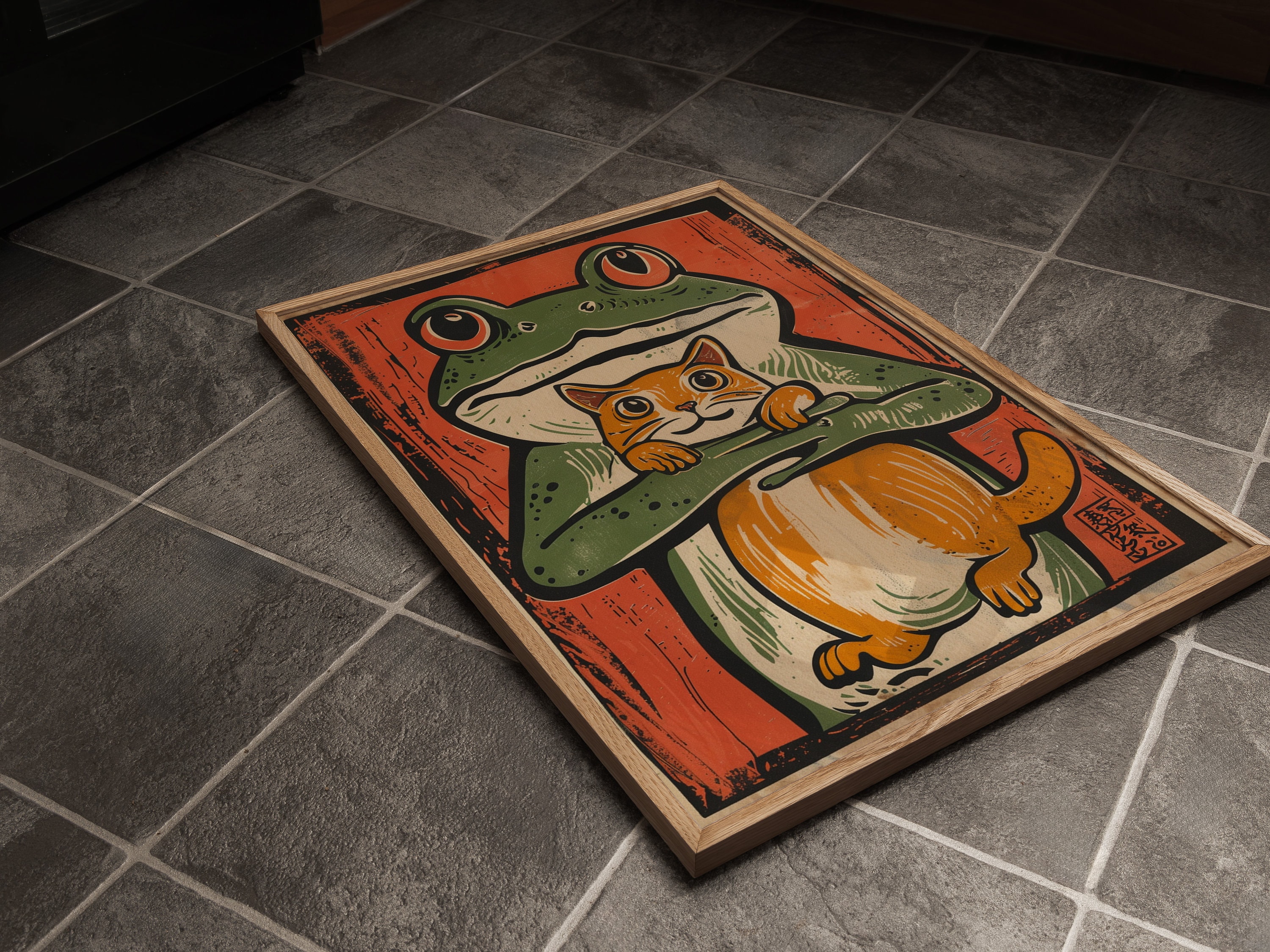 Funny Japanese Frog and Cat Woodblock Print: Vintage Animal Poster