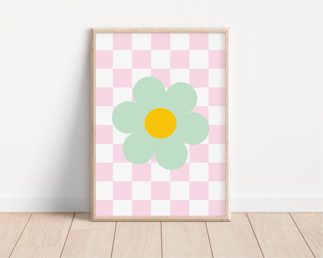 Y2K Flower Print: Pink Checkerboard Retro Wall Art - Etsy