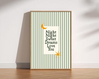 Lámina retro "Buenas noches, te quiero", arte de rayas vintage de mediados de siglo, decoración de dormitorio, póster tipográfico estético, arte celestial caprichoso.