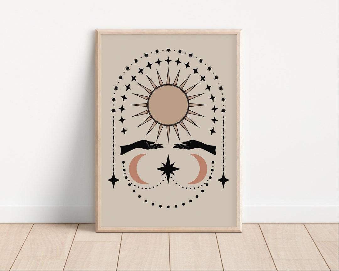 Mystical Boho Sun and Moon Print - Celestial Spiritual Sun, Crescent ...