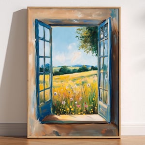 Op de afbeelding: Een schilderij van een raam met uitzicht op een veld met gele wilde bloemen. Het raam staat open en het uitzicht wordt omlijst door een houten frame.