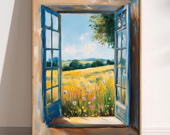May include: A painting of a window looking out onto a field of yellow wildflowers. The window is open and the view is framed by a wooden frame.