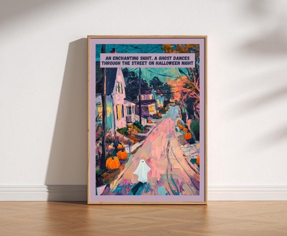 Magical Halloween Print, Cute Ghost Poster, Painting, Whimsical Suburban Town, Mystical Enchanted Autumnal Decor, Cottagecore Fall Art Print