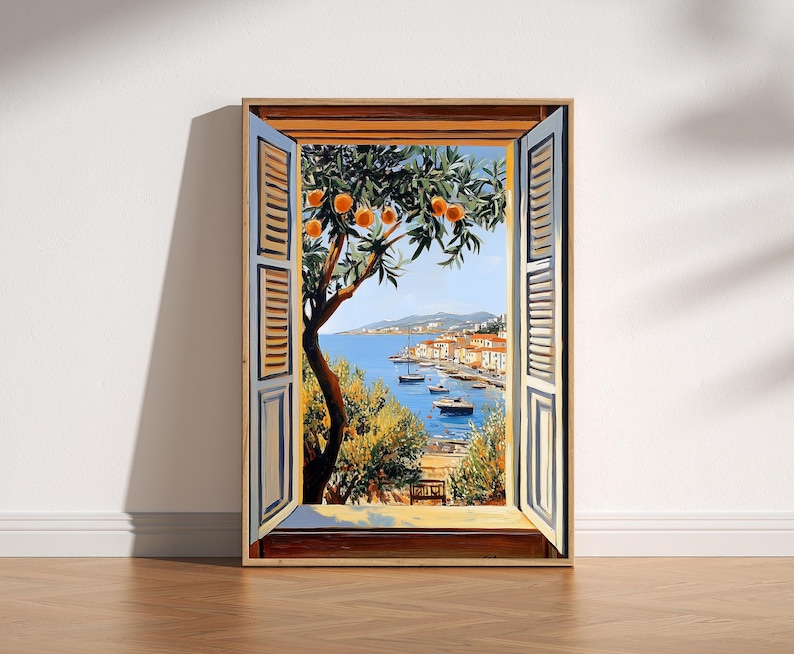 Add a touch of Mediterranean charm to your home with this vibrant Fauvism-style painting inspired by Henri Matisse. The scene features an open window overlooking the ocean, with a picturesque coastal view, including a little coastal village.