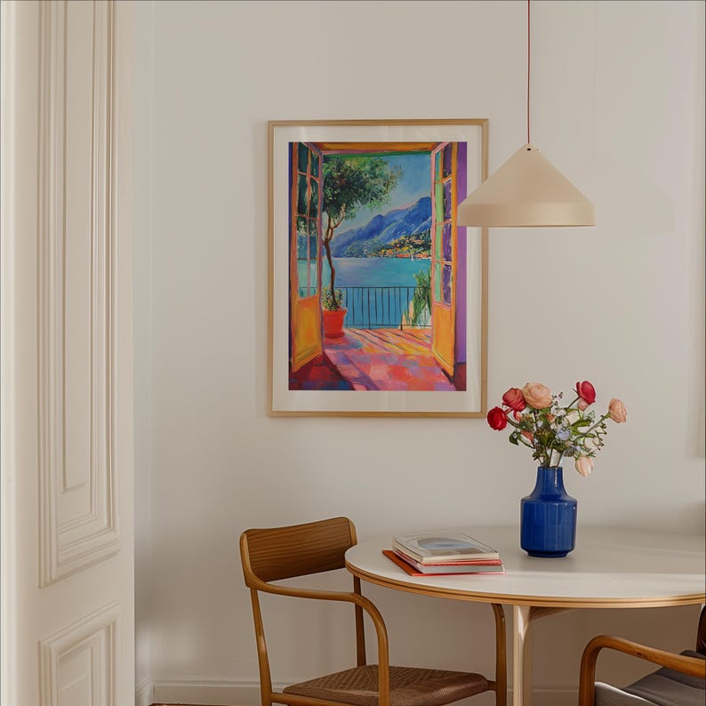 A Fauvist style painting inspired by Matisse, featuring a open patio doors overlooking a vibrant Italian landscape and Lake Como. The scene bursts with bold colours: lush green foliage, mountains in the distance and the shimmering blue of the lake