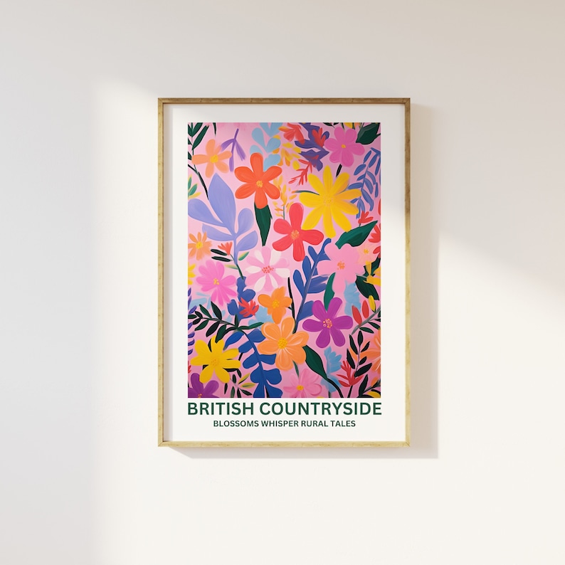 May include: A pink background with a colorful floral pattern. The flowers are in shades of yellow, orange, red, pink, purple, and blue. The text "BRITISH COUNTRYSIDE" is at the bottom of the image, with the words "BLOSSOMS WHISPER RURAL TALES" underneath.