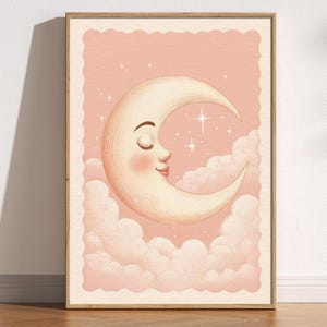 Whimsical Crescent Moon Nursery Print, Vintage Kids Room Art, Cute Bohemian Moon Wall Decor, Dreamy Celestial Bedroom Poster, Moon In Clouds