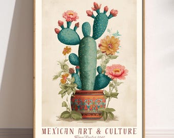 Op de afbeelding: Een ingelijste print met een aquarel illustratie van een cactus met roze en gele bloemen in een decoratieve pot. Het kunstwerk is getiteld "Mexican Art & Culture" met "Floral Cactus 0010" eronder.