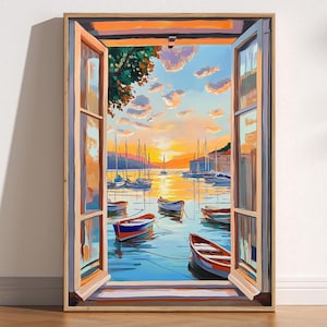 Grabado de Henri Matisse "Ventana abierta", pintura fauvista al estilo de Henri Matisse, puerto mediterráneo, barcos al atardecer, arte costero, Riviera Francesa