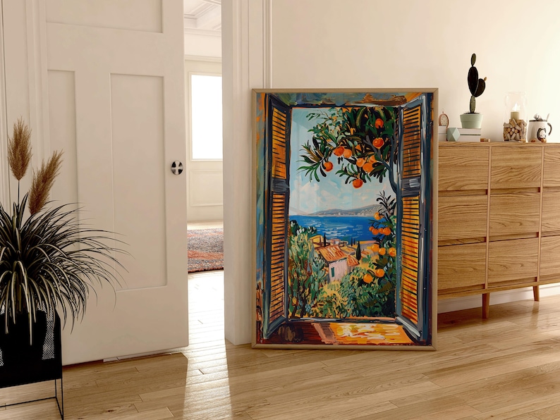 Add Mediterranean charm to your home with this vibrant Fauvism-style painting inspired by Henri Matisse. It features an open window overlooking the ocean, with a picturesque coastal view, including a little coastal village. Lush orange trees, the sea